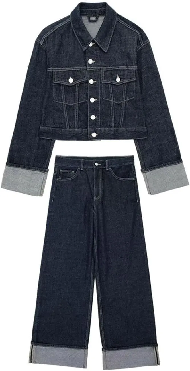 Women's Vintage Solid Denim Long Sleeve Single Breasted Lapel Jacket   High Waisted Wide Leg Jeans Set