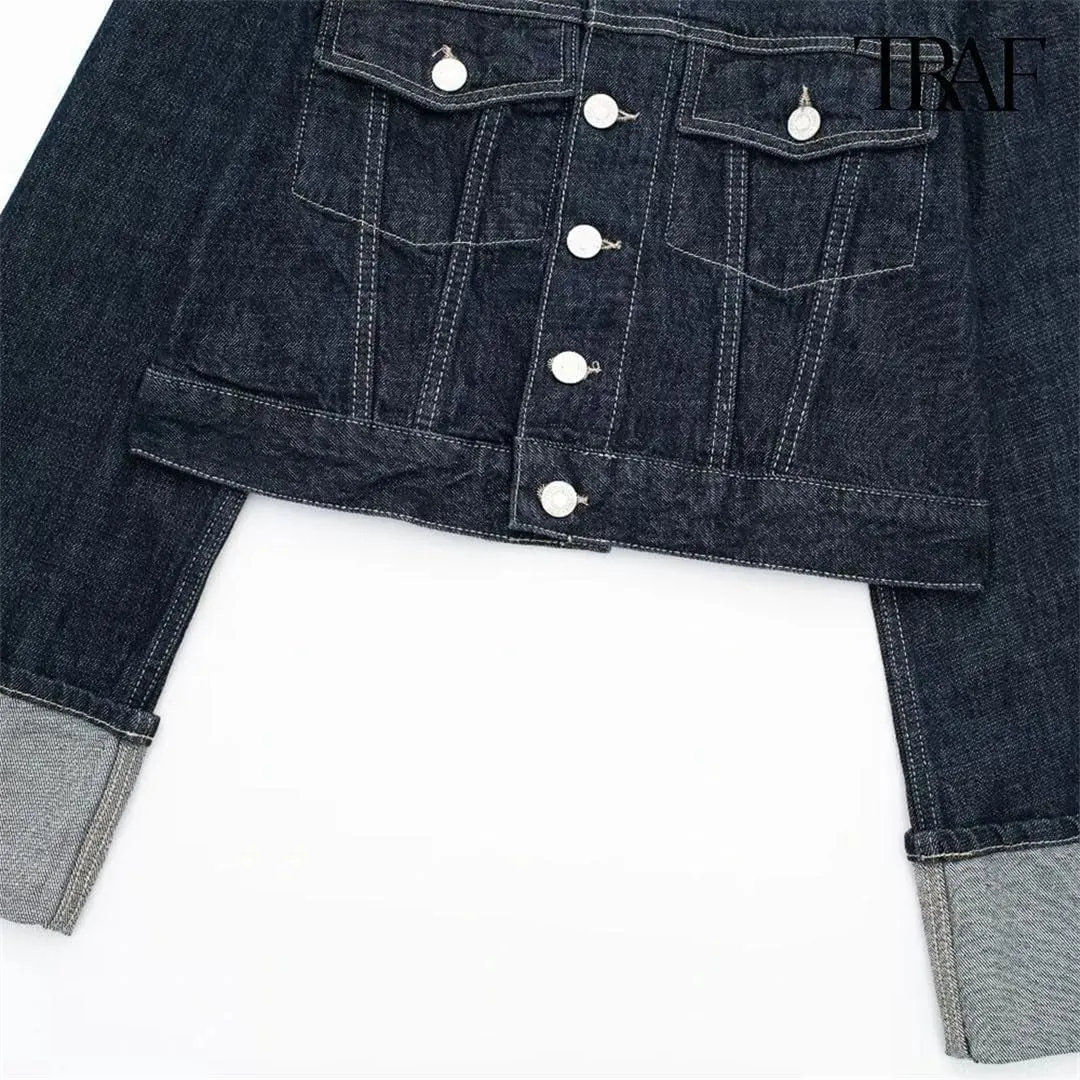 Women's Vintage Solid Denim Long Sleeve Single Breasted Lapel Jacket   High Waisted Wide Leg Jeans Set