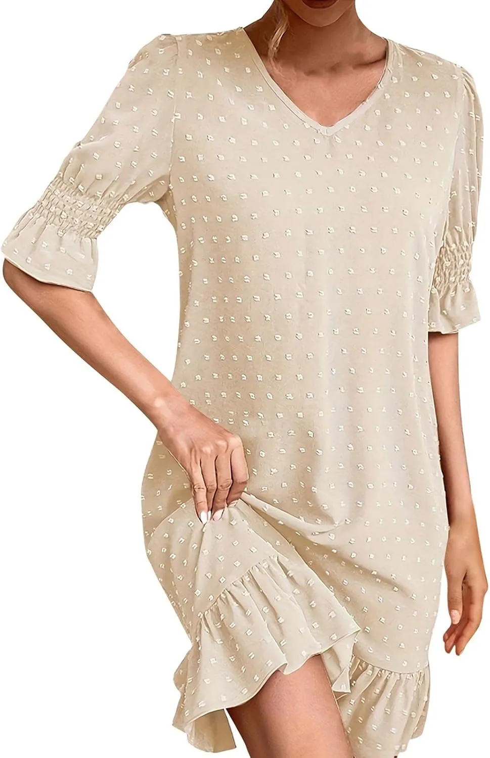 Womens White Dresses Short Sleeve V Neck Ruffle Dresses Cute Sun Dress Chiffon Flowy Mini Dress Summer Casual Dress