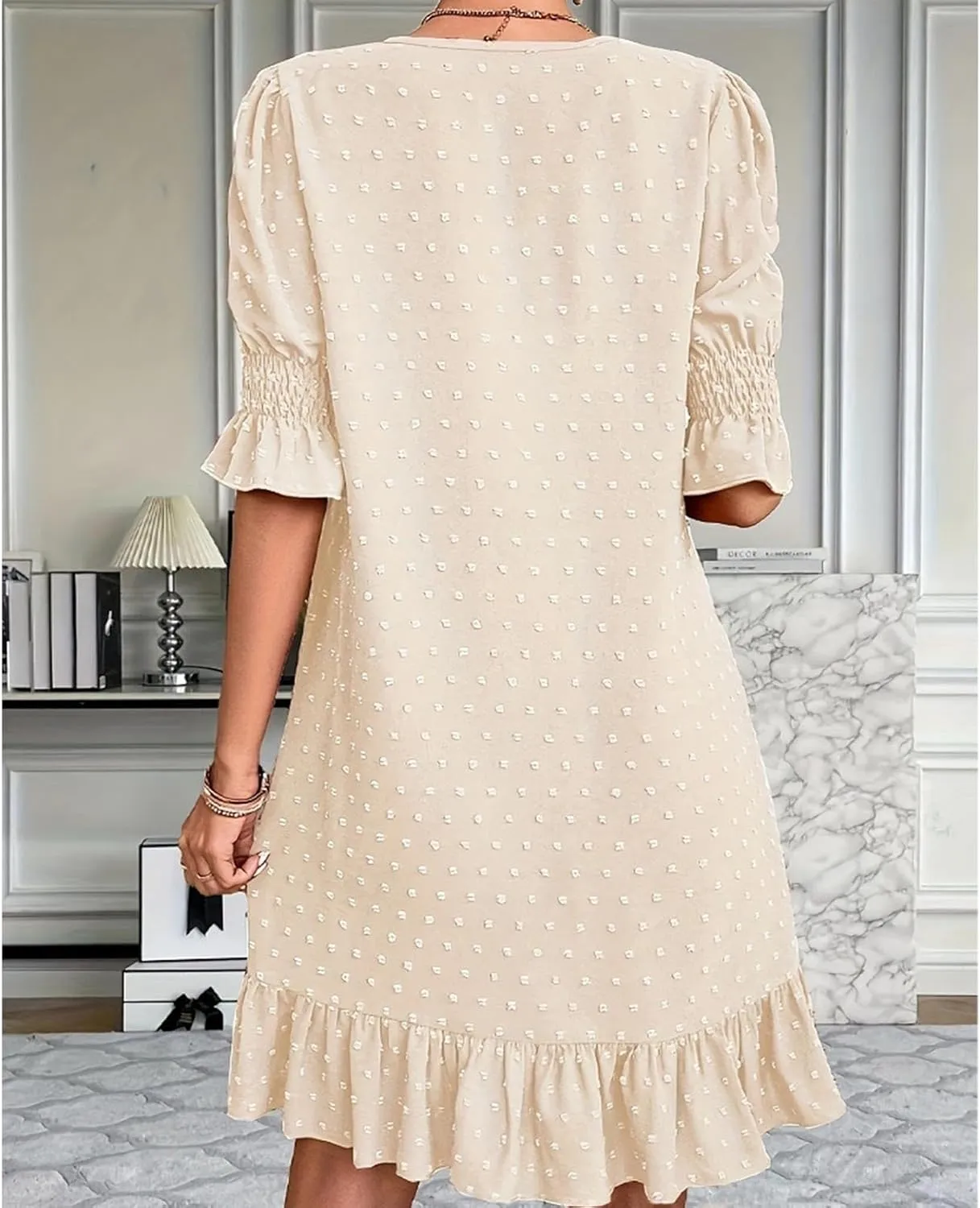 Womens White Dresses Short Sleeve V Neck Ruffle Dresses Cute Sun Dress Chiffon Flowy Mini Dress Summer Casual Dress
