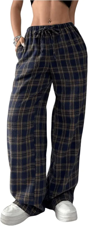Women's Wide Leg Pants Y2K Drawstring Elastic High Waisted Plaid Pants Pajama with Pockets