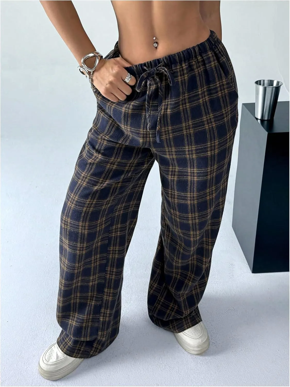 Women's Wide Leg Pants Y2K Drawstring Elastic High Waisted Plaid Pants Pajama with Pockets