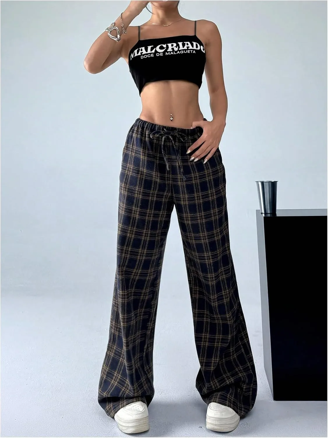 Women's Wide Leg Pants Y2K Drawstring Elastic High Waisted Plaid Pants Pajama with Pockets