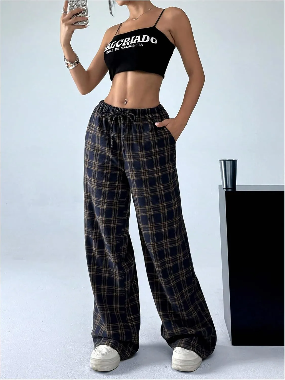 Women's Wide Leg Pants Y2K Drawstring Elastic High Waisted Plaid Pants Pajama with Pockets