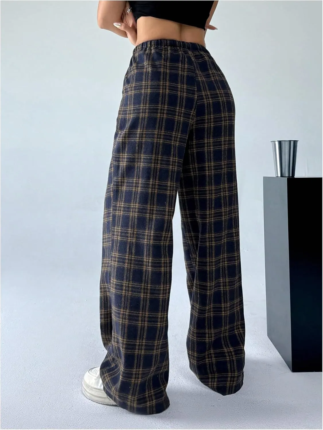 Women's Wide Leg Pants Y2K Drawstring Elastic High Waisted Plaid Pants Pajama with Pockets