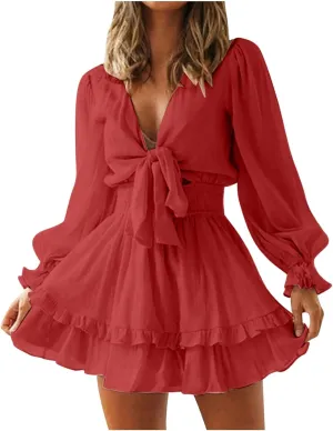 XUNRYAN Women Sexy Cutout Twist Front Summer Casual Dress 2022 V Neck Long Sleeve Dress Ruffle Swing Blouse Mini Dresses