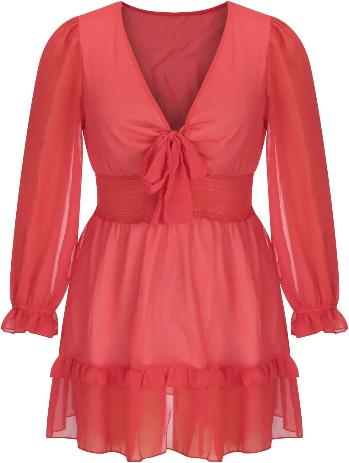 XUNRYAN Women Sexy Cutout Twist Front Summer Casual Dress 2022 V Neck Long Sleeve Dress Ruffle Swing Blouse Mini Dresses