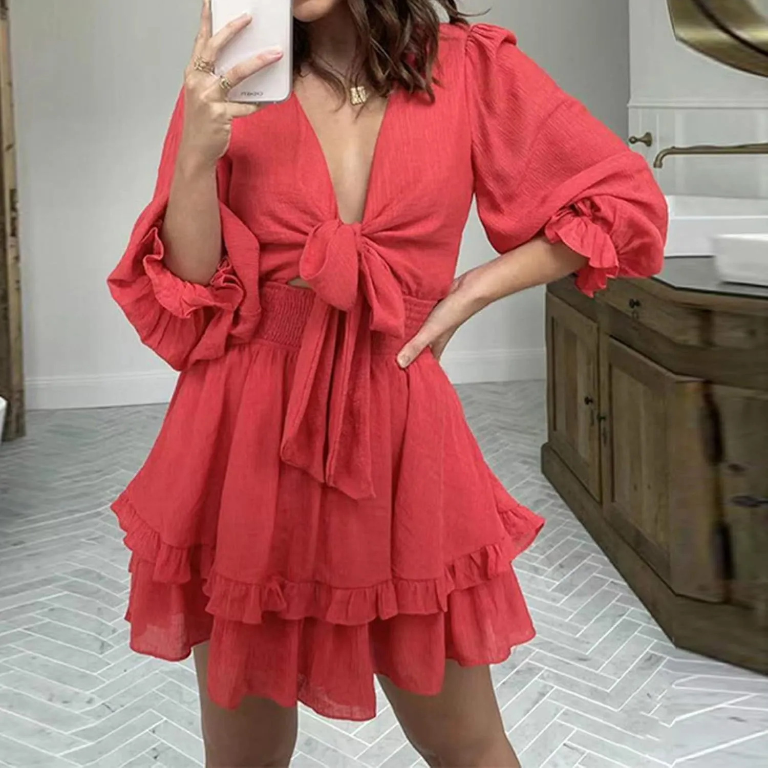 XUNRYAN Women Sexy Cutout Twist Front Summer Casual Dress 2022 V Neck Long Sleeve Dress Ruffle Swing Blouse Mini Dresses