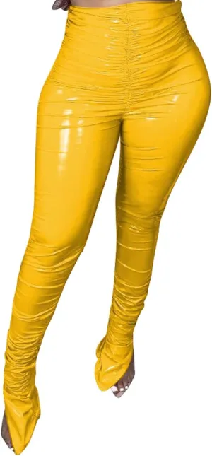 xxxiticat Women's Pleated PU Leather Pants High Wasit Bodycon Ruched Split Hem Faux Leather Club Legging Trousers