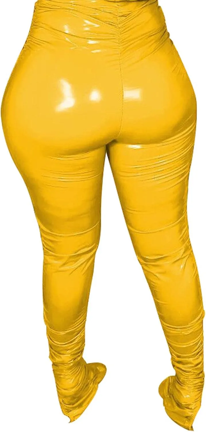 xxxiticat Women's Pleated PU Leather Pants High Wasit Bodycon Ruched Split Hem Faux Leather Club Legging Trousers