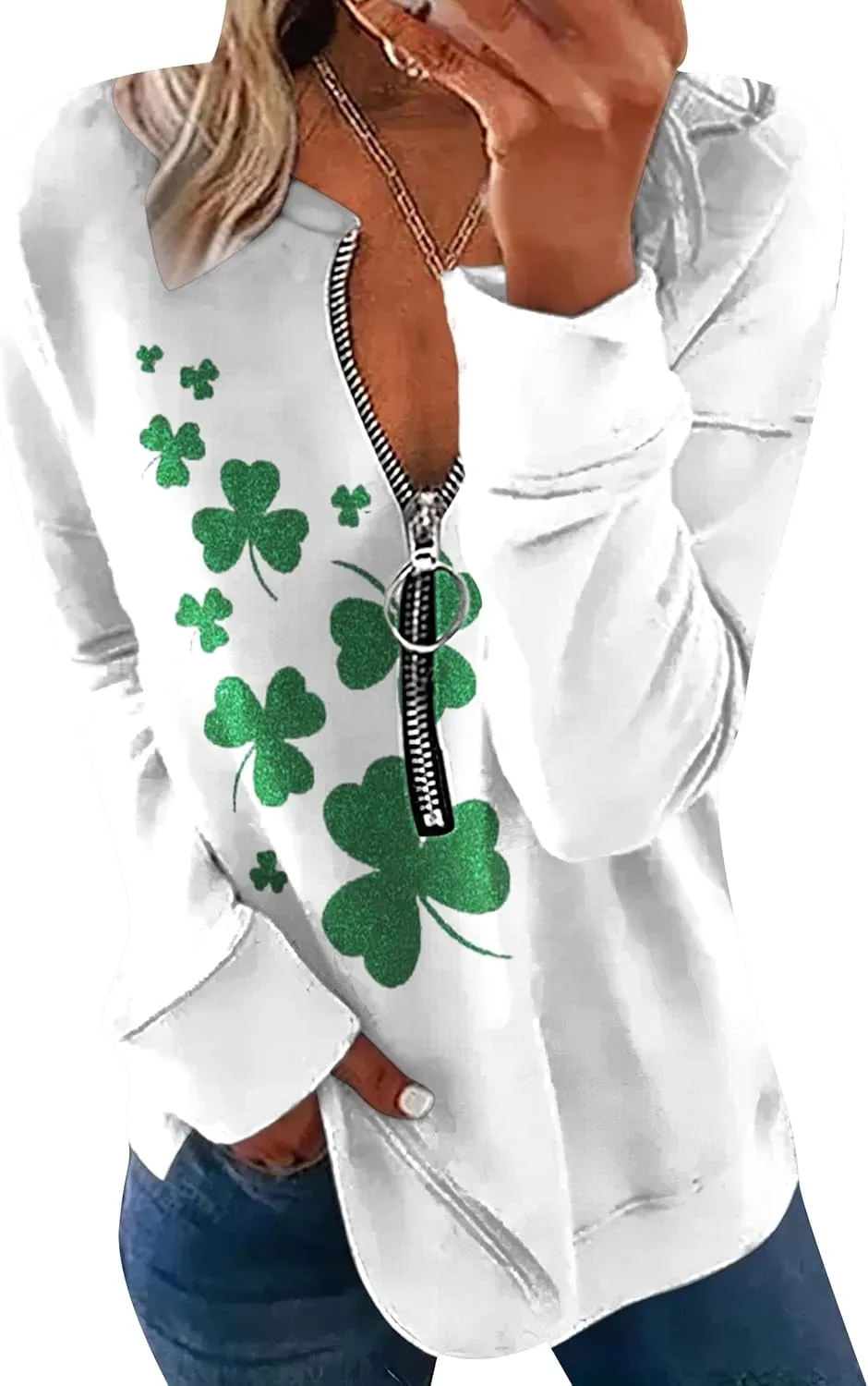 YMING Ladies St. Patricks Day Clover Shirt Long Sleeve Half Zip Sweatshirt Irish Shamrock Print Pullover Tops