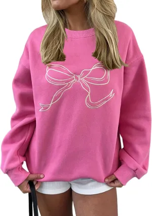Ythomm Womens Bow Graphic Sweatshirts Oversized Crewneck Drop Shoulder Pullover Sweatshirt Long Sleeve Tops 2024 Fall Outfit