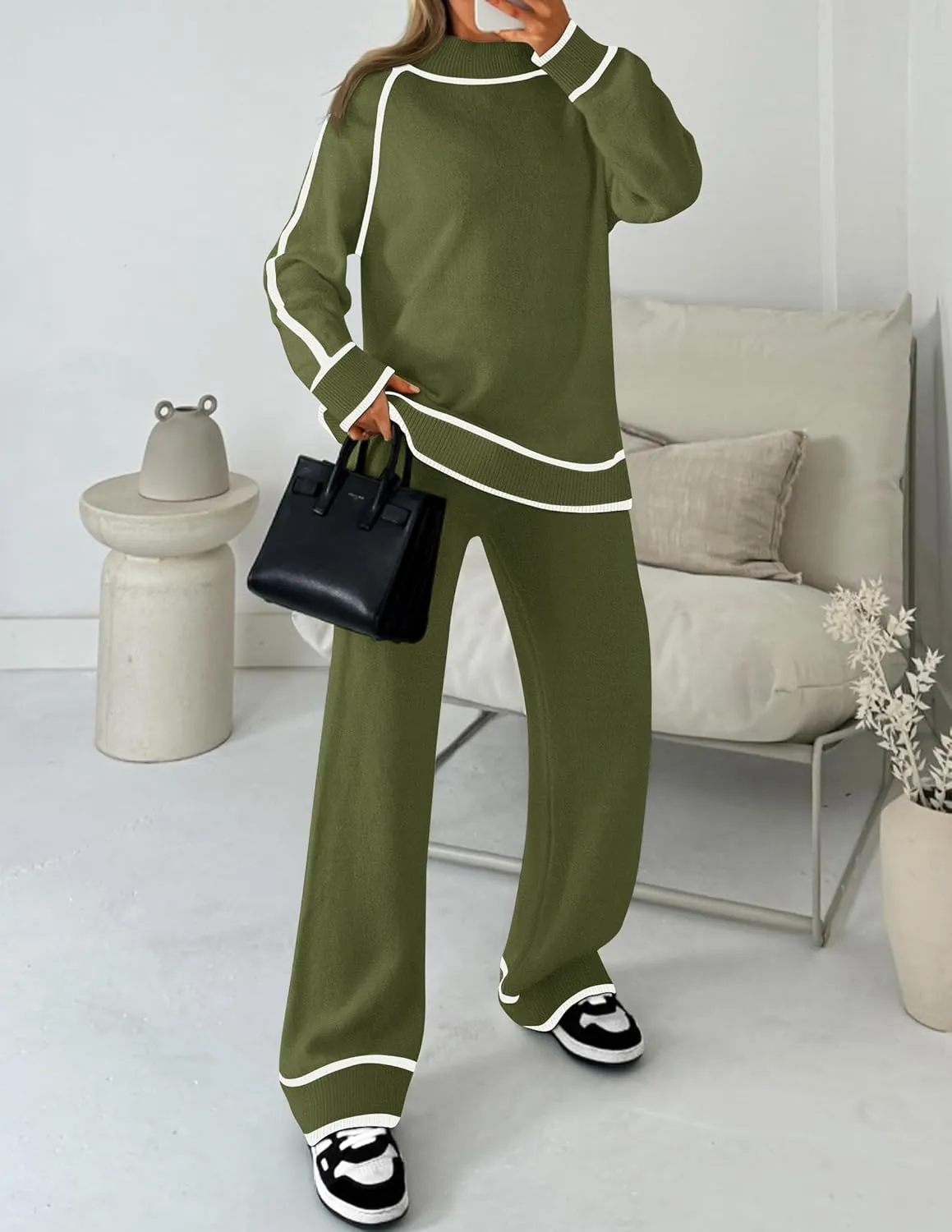 ZESICA Women's Two Piece Outfits Sweater Sets Long Sleeve Turtleneck Pullover Tops Wide Leg Pants Lounge Sets