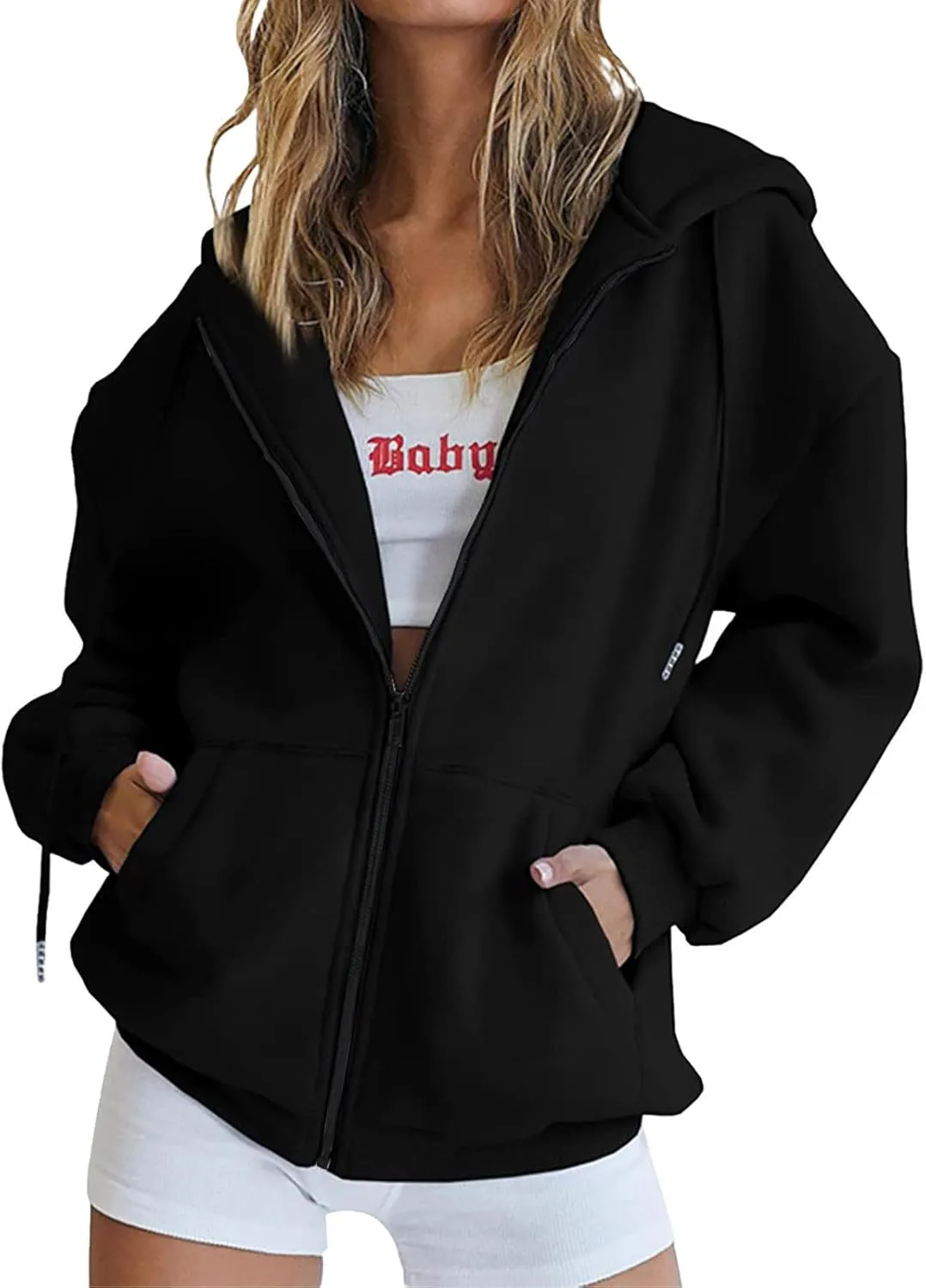 Zip Up Hoodie Teen Girl Y2K Clothes Cute Oversized Fall Jacket Long Sleeve Casual Drawstring Sweatshirts with Pocket