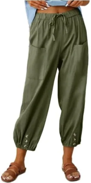 ZOCANIA Cotton Linen Pants for Women High Waisted Drawstring Summer Comfy Flowy Casual Loose Beach Pants with Pockets