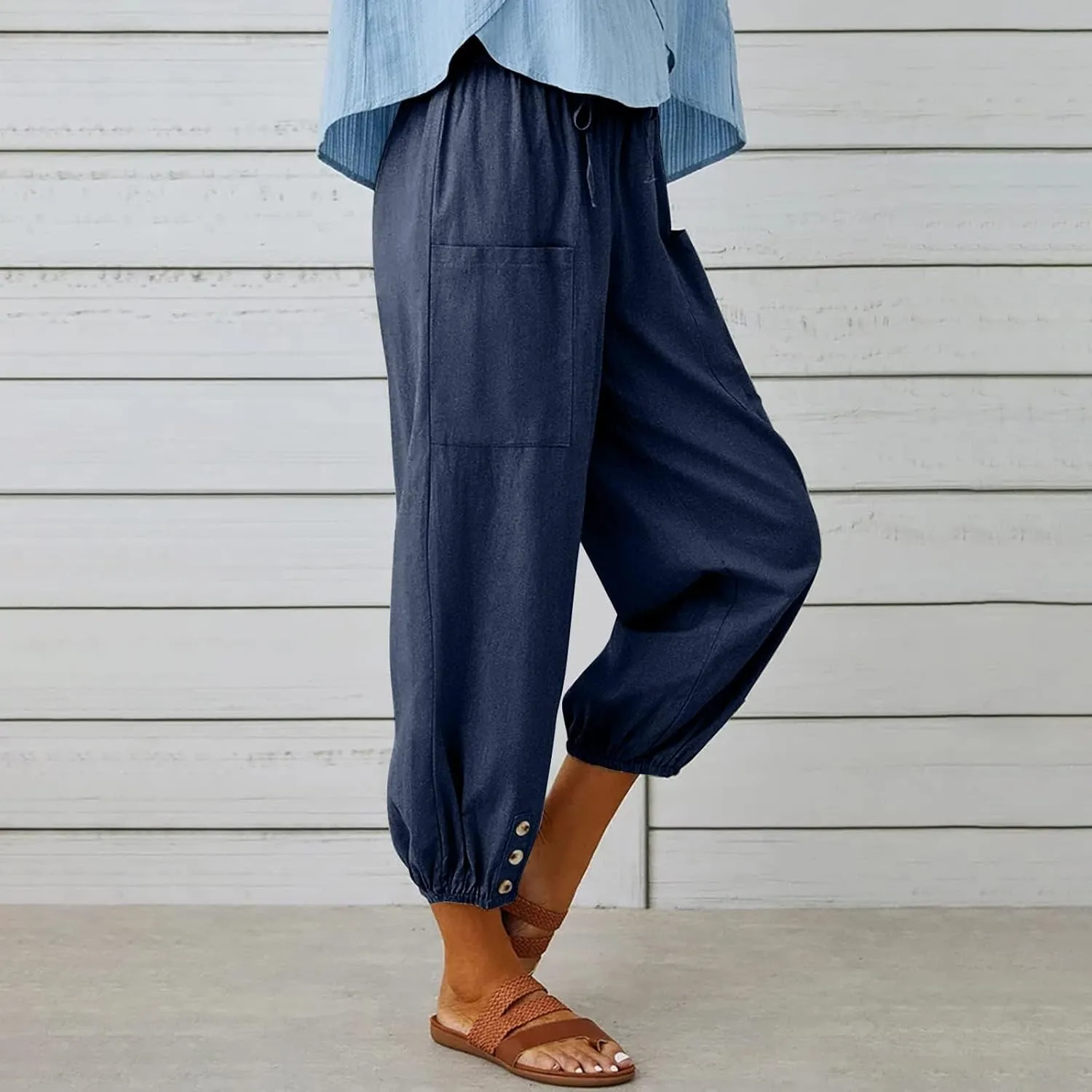 ZOCANIA Cotton Linen Pants for Women High Waisted Drawstring Summer Comfy Flowy Casual Loose Beach Pants with Pockets