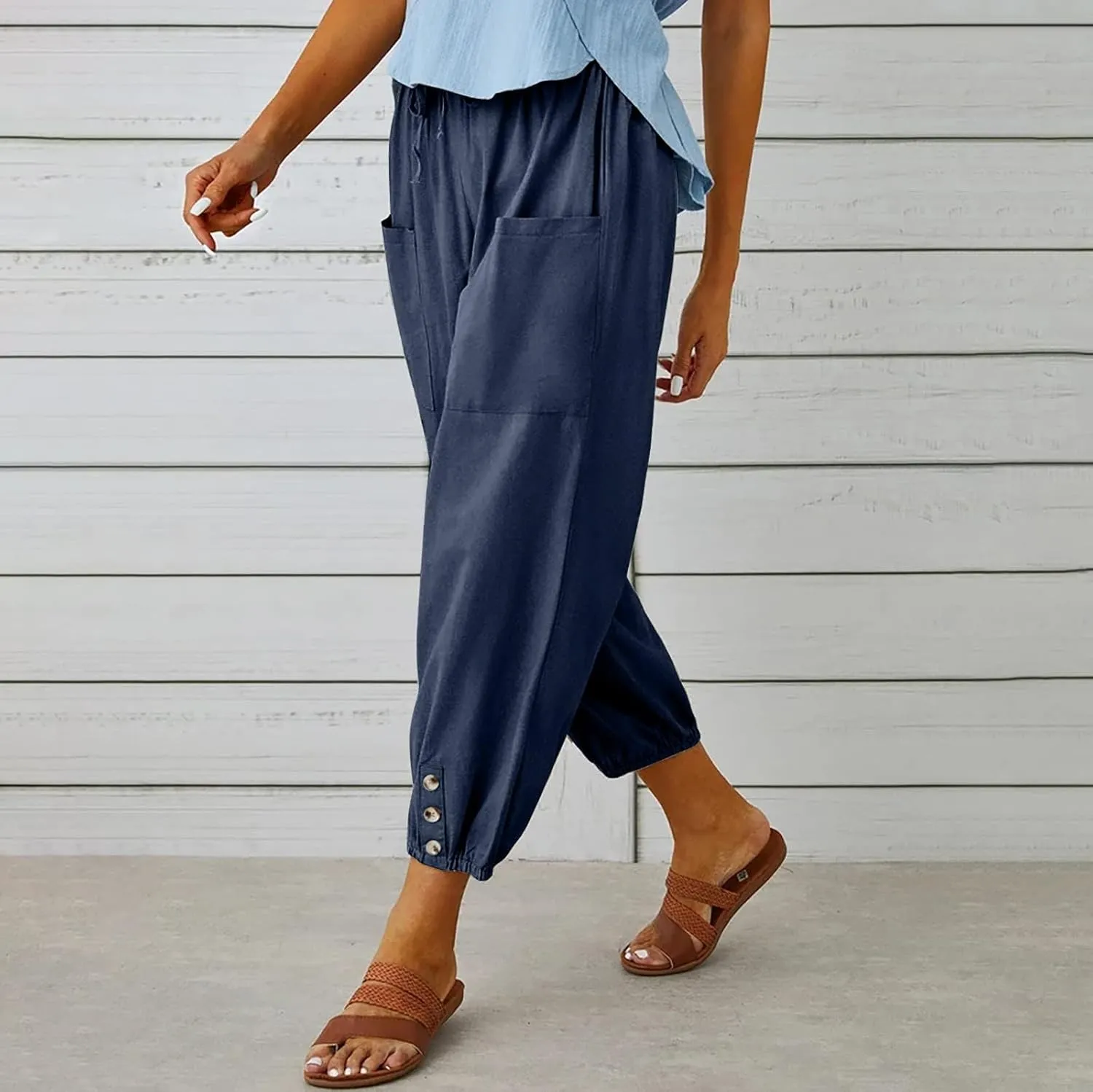 ZOCANIA Cotton Linen Pants for Women High Waisted Drawstring Summer Comfy Flowy Casual Loose Beach Pants with Pockets