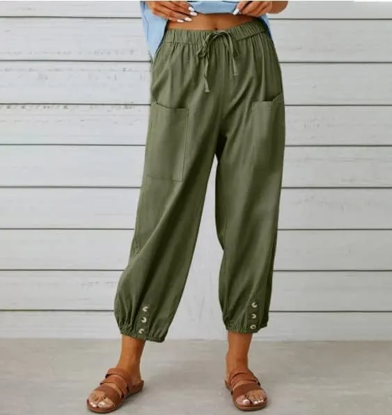 ZOCANIA Cotton Linen Pants for Women High Waisted Drawstring Summer Comfy Flowy Casual Loose Beach Pants with Pockets