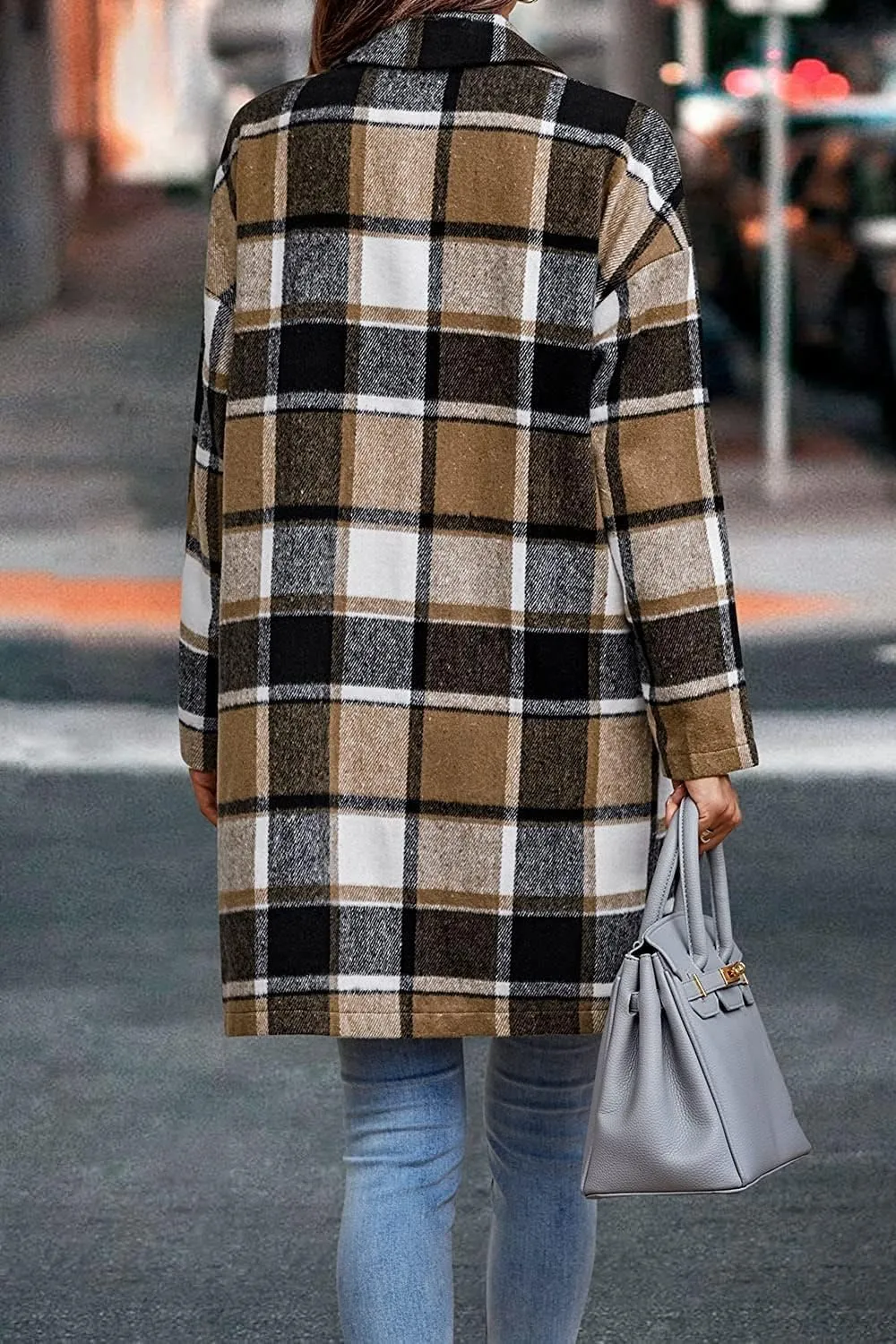 ZOCANIA Plaid Trench Coat Womens Woolen Notch Collar Midi Pea Coat Lapel Button Down Long Jacket Coat Fall Winter Overcoat