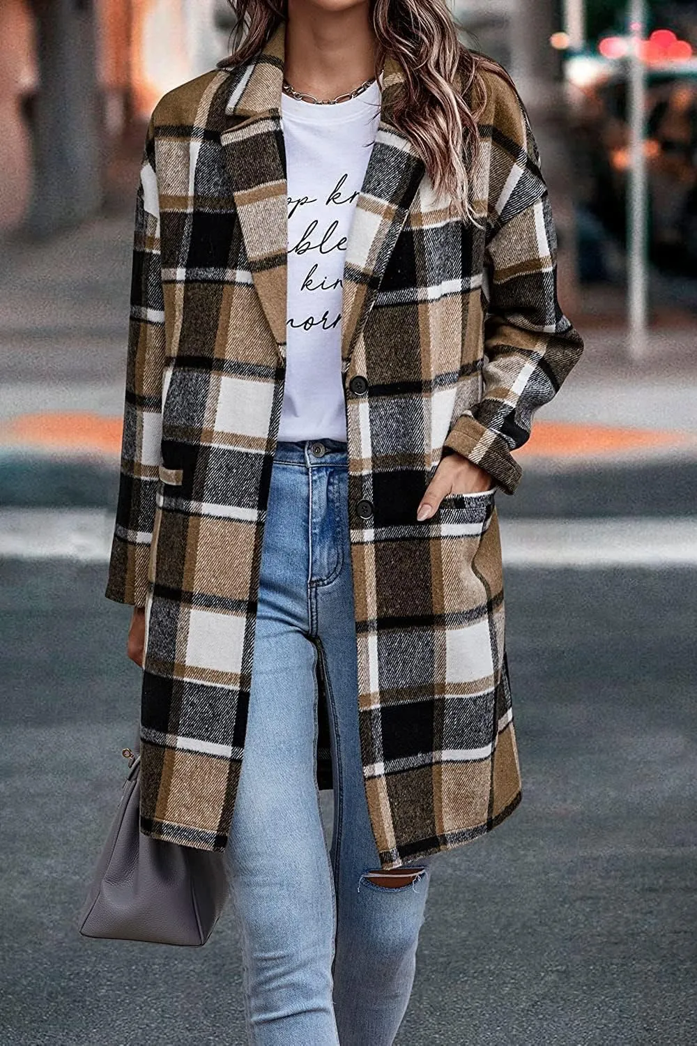 ZOCANIA Plaid Trench Coat Womens Woolen Notch Collar Midi Pea Coat Lapel Button Down Long Jacket Coat Fall Winter Overcoat
