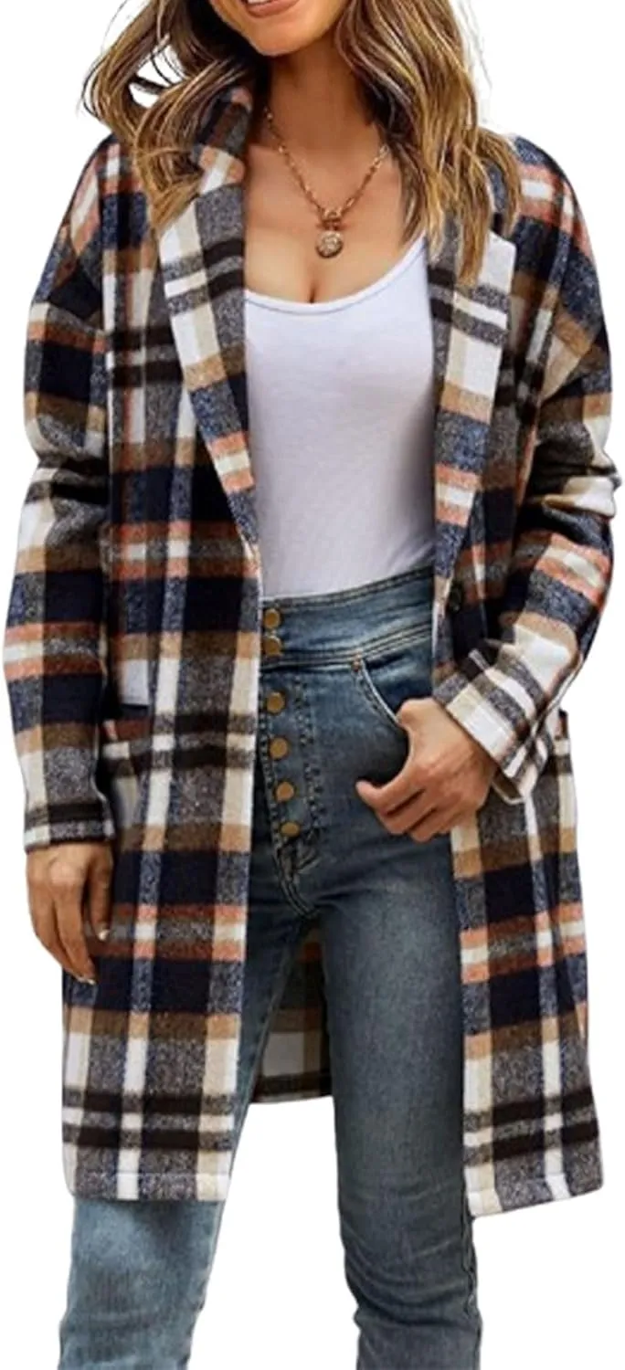 ZOCANIA Plaid Trench Coat Womens Woolen Notch Collar Midi Pea Coat Lapel Button Down Long Jacket Coat Fall Winter Overcoat