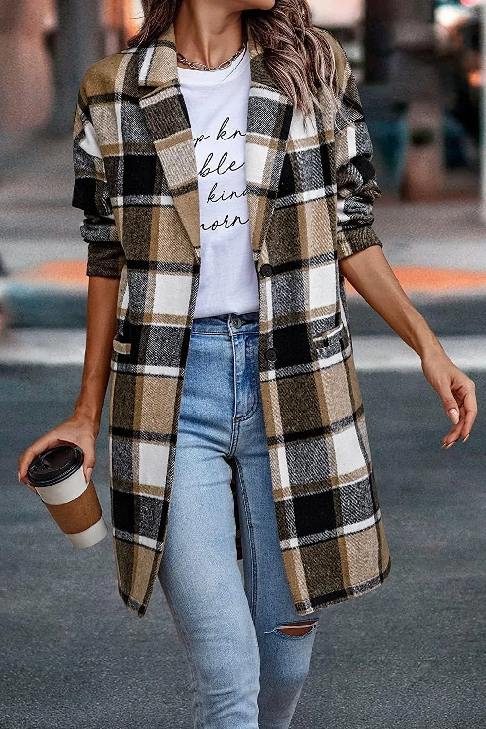 ZOCANIA Plaid Trench Coat Womens Woolen Notch Collar Midi Pea Coat Lapel Button Down Long Jacket Coat Fall Winter Overcoat
