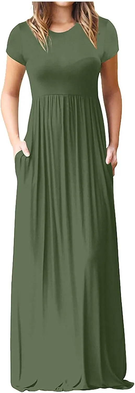 ZWRXW Women's Short Sleeve Dresses Loose Plain Maxi Dresses Summer Long Beach Dress Plus Size Comfy Curvy Dress with Pockets