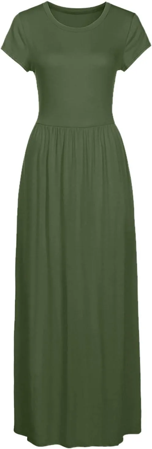ZWRXW Women's Short Sleeve Dresses Loose Plain Maxi Dresses Summer Long Beach Dress Plus Size Comfy Curvy Dress with Pockets